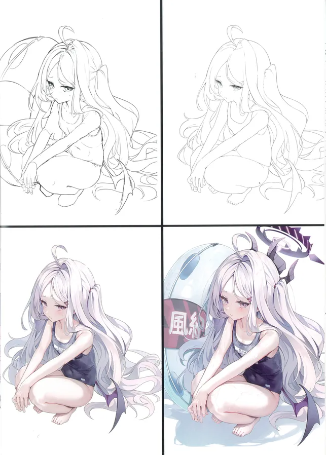 the image shows the progression of a digital drawing of an anime girl with white hair, horns, and wings. the four panels show the image in different stages of completion: the initial line art, cleaned up line art, basic colors and shading, and finally the fully rendered and finished illustration. the girl is sitting with her knees pulled up to her chest and her arms resting on them. she is wearing a dark tank top. in the final panel, she is in front of a large, blurred background with a japanese symbol.