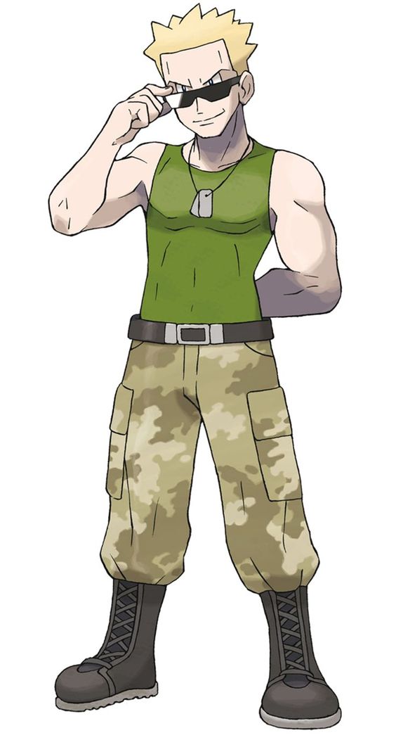 a cartoon drawing of a muscular male anime character in military attire.  he has blond hair, dark sunglasses, a green tank top, camouflage pants, and black boots.  he has a serious expression and is looking directly at the viewer.