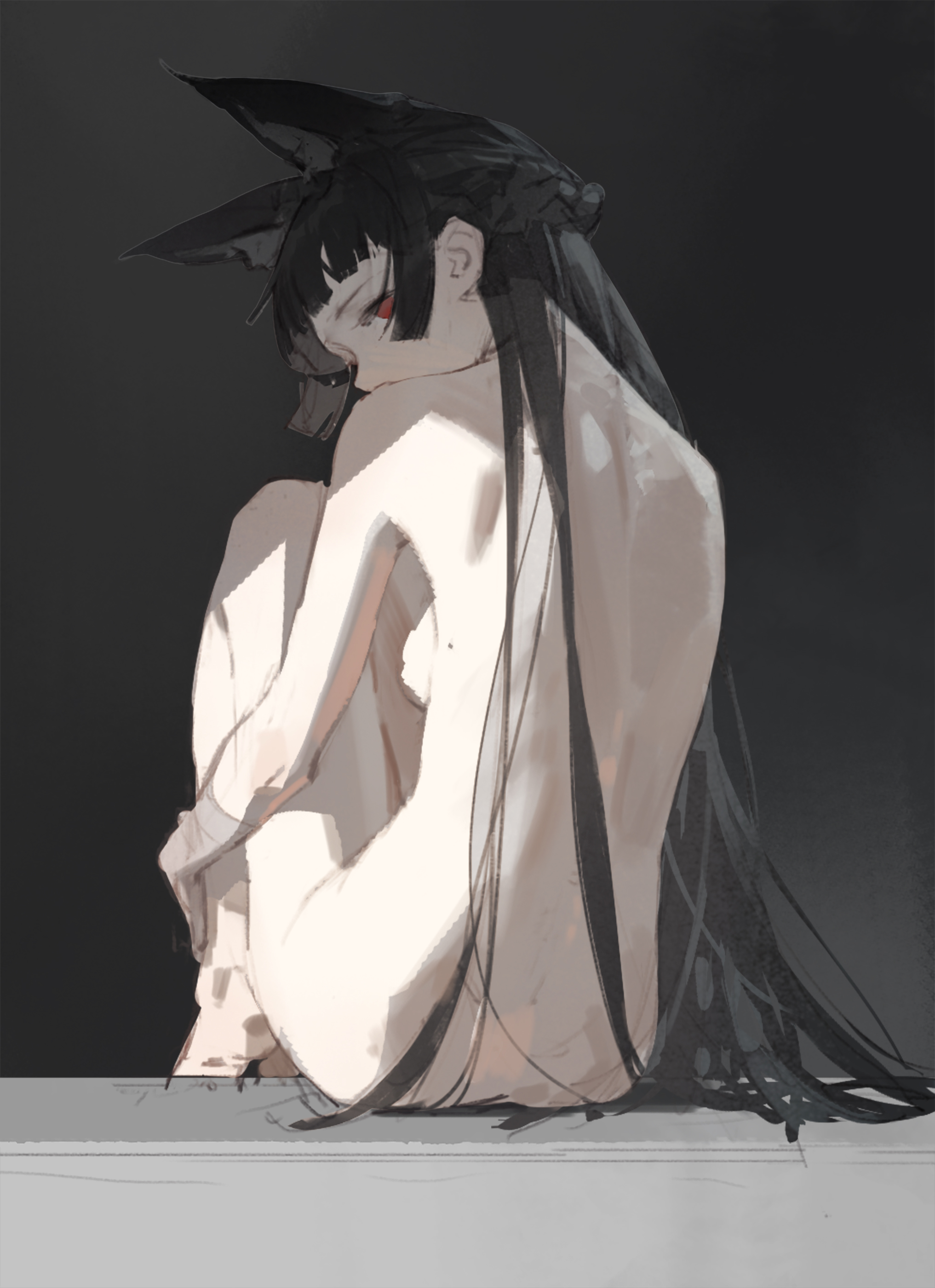 the image is a digital painting or illustration of an animestyle girl with long black hair and wolf or cat ears. she is sitting with her back partially visible, her body angled away from the viewer. her pose suggests a melancholic or contemplative mood. the art style is painterly, with soft lighting and subtle shadows creating depth. the color palette is predominantly grayscale, with a muted, almost monochrome aesthetic. the overall atmosphere is mysterious and emotionally evocative.  the artist has paid careful attention to details like the texture of the hair and the subtle curves of the body. the composition is minimalist yet expressive, allowing the viewer to focus on the character's emotional state.
