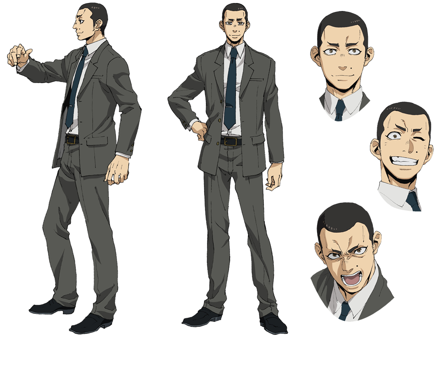 this image is a character design sheet for an anime or manga. it features a male character in a grey business suit, shown from various angles and with different facial expressions. the character has short black hair and a serious demeanor. the background is white, and the lighting is bright and even, typical of a studio setting.