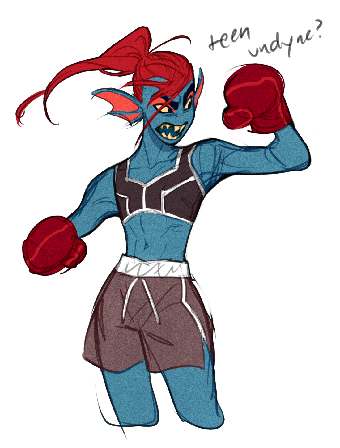 a dynamic, colored sketch of undyne from undertale in boxing attire. she is in a fighting stance, wearing boxing gloves and shorts, with a determined expression. the style is reminiscent of anime or manga.  the background is white.