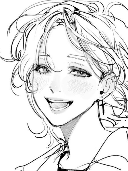 this is a black and white sketch of a young woman with mediumlength hair, smiling brightly. she has a single earring in her right ear. the style is reminiscent of manga or anime.