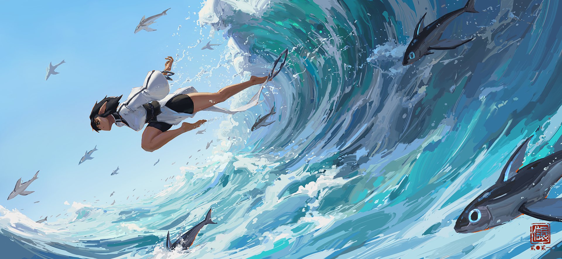 the image is a vibrant digital painting depicting an animestyle girl surfing a massive wave. she is gracefully maneuvering through the water, appearing to fly alongside a school of stylized flying fish. the wave is a dynamic mix of turquoise and blue hues, with foamy white crests and textured detail.  the girl's clothing is a combination of white and black, contrasting with the colorful water. the overall style is fantastical and energetic, showcasing skilled artistry.  a red stamp or signature is subtly visible in the bottom right corner.