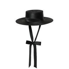 a black fedora with a wide brim and a black ribbon tied in a bow at the back. the hat is elegant and classic, perfect for a formal occasion.
