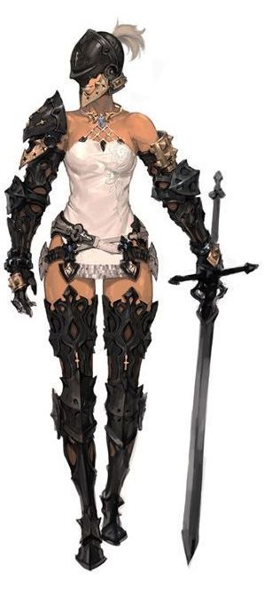 a female character concept design stands against a white background. she is dressed in ornate black and silver fantasy armor.  the armor is highly detailed with intricate designs. she wears a white sleeveless top and what appears to be a small white skirt.  her weapon, a sword, is held in her left hand.