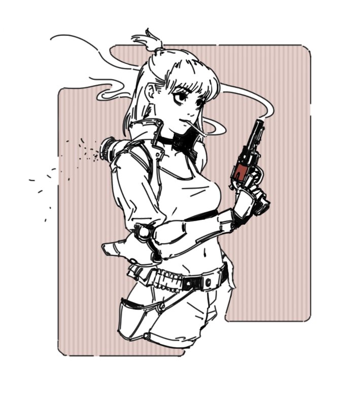 the image is a stylized black and white illustration of a young woman, possibly an anime or manga character. she has short, slightly spiky hair pulled back, and is wearing futuristicstyle clothing, including a top, shorts, and a holster with what appears to be a pistol. she is holding a revolver in her right hand and seems to be smoking a cigarette. the background is a pale pink with vertical lines. the style is dynamic and detailed, with a focus on linework and shading to give the character a strong and confident presence.  the overall impression is one of a cool, cyberpunkinspired character.