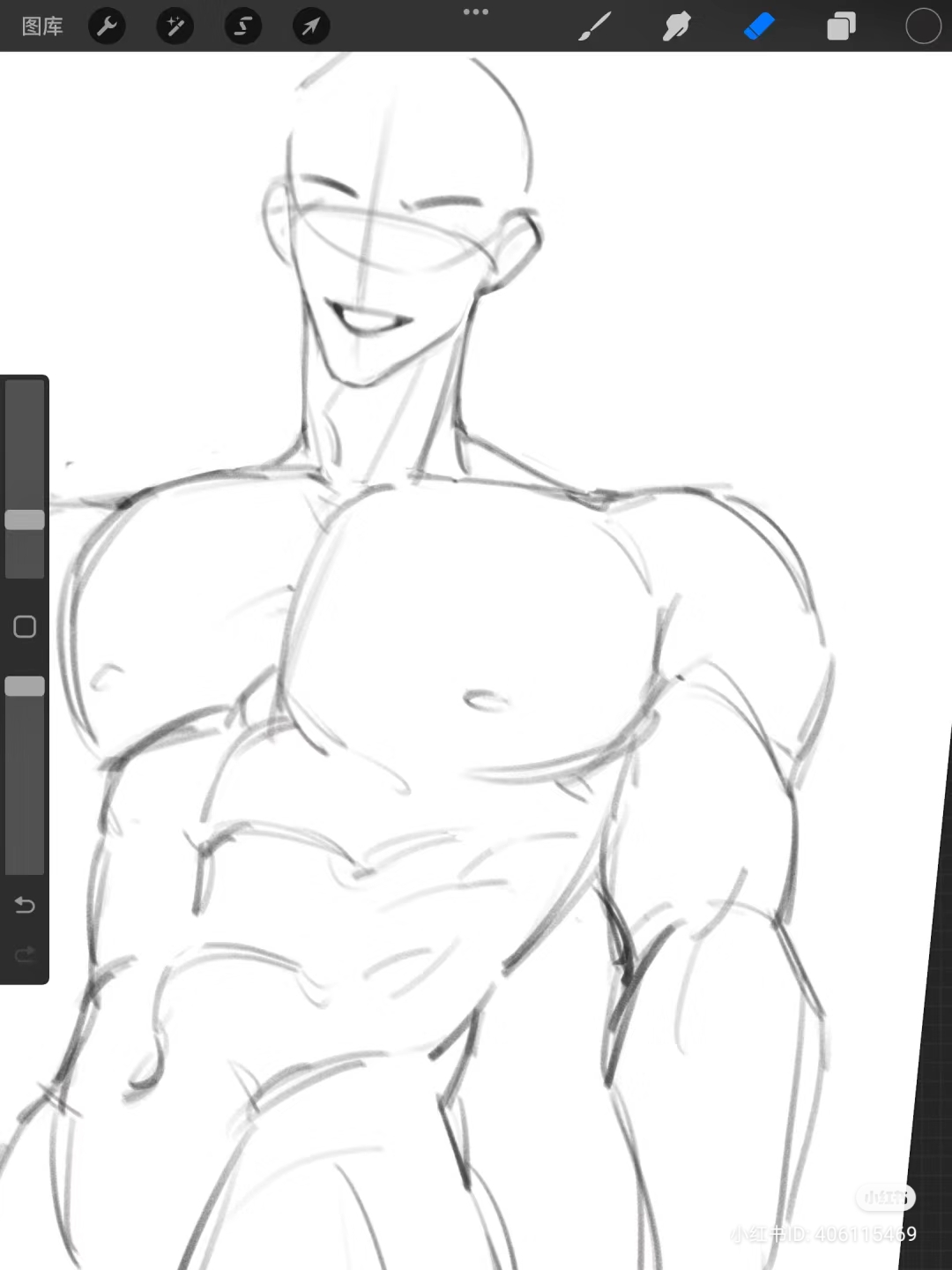 this is a black and white sketch of a muscular man from the waist up. the man is smiling and his head is turned to the left. his right arm is raised and bent at the elbow, while his left arm is down by his side. the sketch is drawn in a manga style and shows the man's welldefined muscles.
