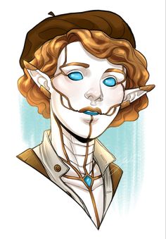 a headandshoulders illustration of a woman or elf with copper skin, visible clockwork on her face, neck, and shoulders, and glowing blue eyes. she is wearing a brown beret and a brown shirt with a white collar. the background is a simple gradient of blue and white.