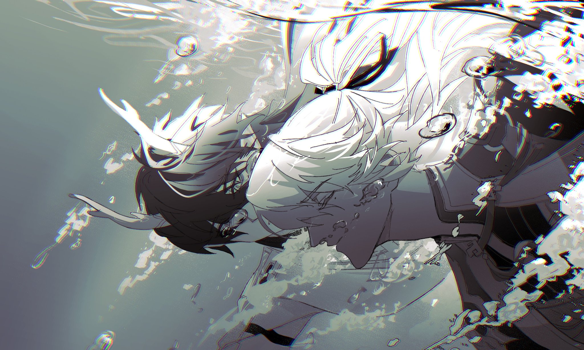 this digital illustration depicts a closeup, underwater portrait of two anime males, one with white hair and the other with dark hair, embracing each other. they are enveloped in water, with bubbles surrounding them. the overall tone is dark and sorrowful, suggesting a feeling of sadness or grief. the characters' expressions and poses convey a sense of deep emotional connection and pain. the image evokes a sense of intimacy and vulnerability.