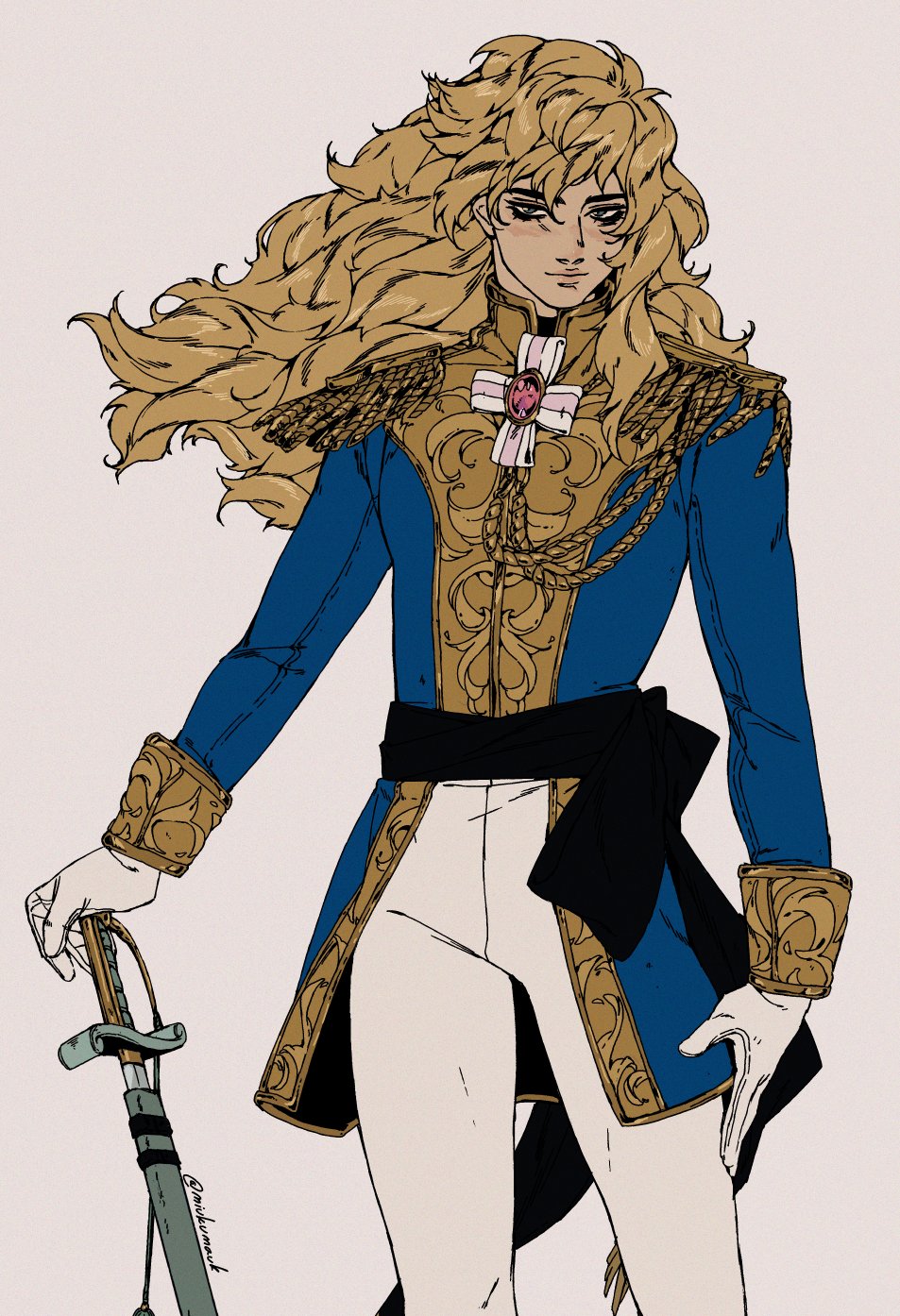 this image shows an animestyle male character with long blond hair wearing a blue military uniform with gold trim, white pants, and a black sash. he has a sword in his left hand and is looking at the viewer. the background is a light peach color.