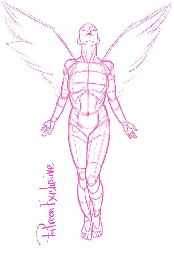 an anatomical sketch of a female figure with angel wings, looking upward with arms spread. the image is a drawing of a model in a dynamic pose, with a pink outline. the text "patreon exclusive" is visible on the lower left side.