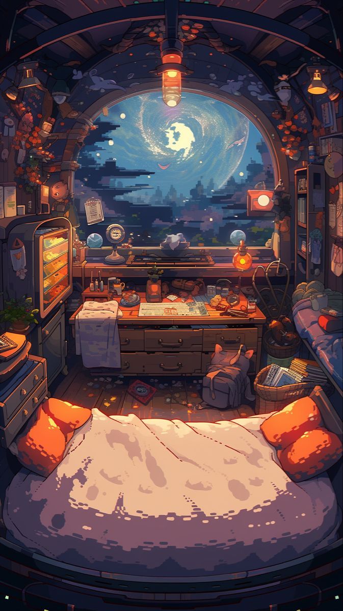 this is an illustration of a cozy and cluttered room at night. a large bed with orange pillows is in the foreground. behind it is a desk filled with various items. through the arched window, a view of the moon and night sky can be seen. a bookshelf is to the side, and warm lighting illuminates the scene.