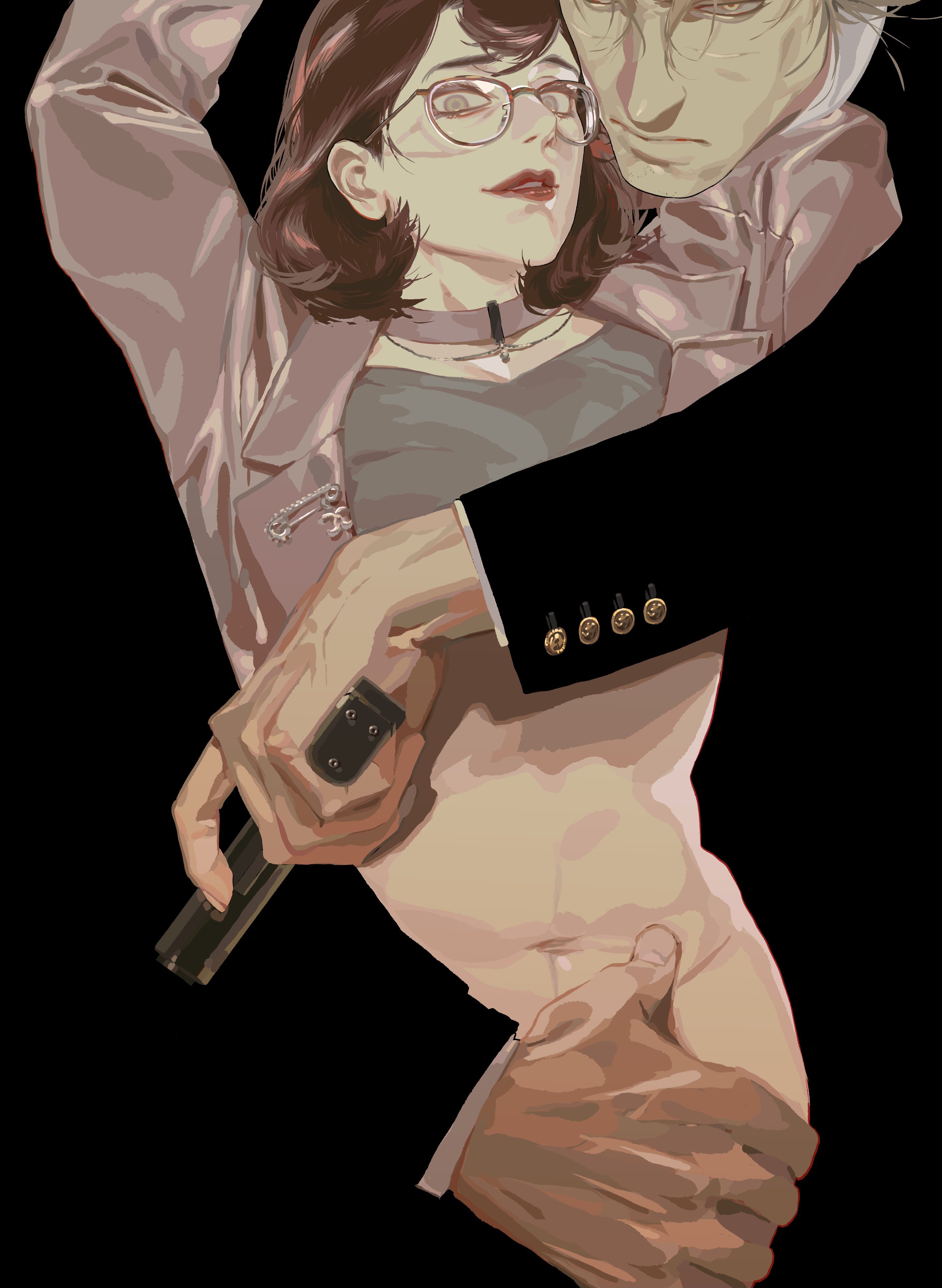 the image shows an illustration of a woman in a pink jacket and glasses being held by a man in a black suit. the man is holding a gun in his hand.