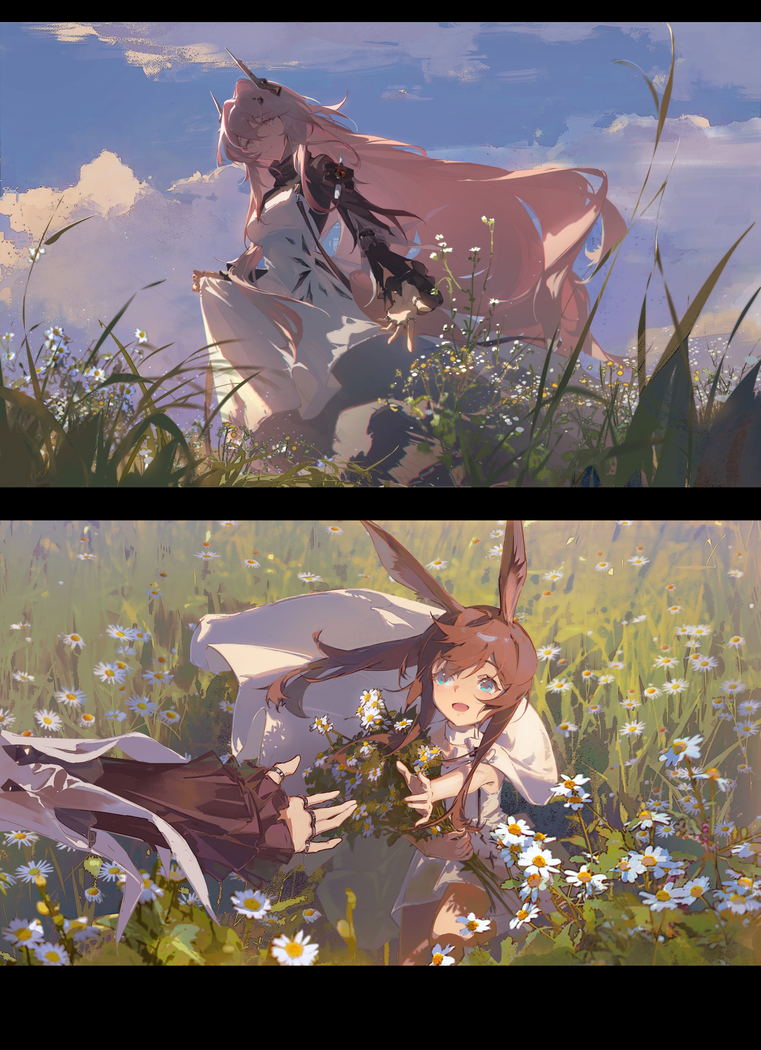 the image consists of two panels. the top panel depicts a young woman with long pink hair walking through a field of white flowers. she is wearing a white dress with black accents. the sky is blue with some clouds. the bottom panel shows a young girl with brown hair and bunny ears lying in a field of white flowers. she is holding a bouquet of flowers and smiling. her eyes are closed. she is wearing a white dress with brown accents.  the art style is reminiscent of anime and has a soft, painterly quality.