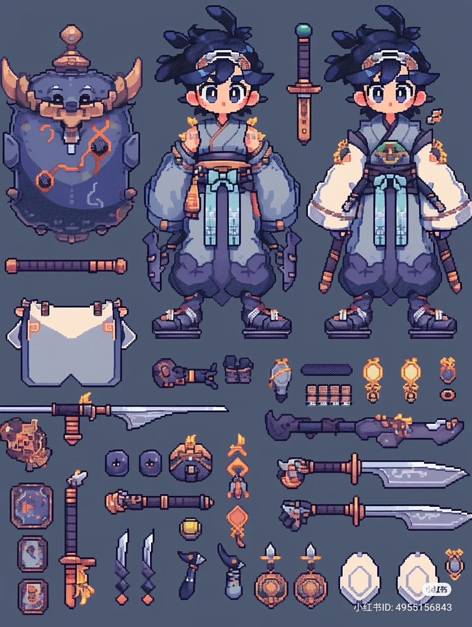 a pixel art character design sheet of a young samurai. the sheet showcases the front and side views of the character, along with a variety of weapons, armor pieces, and accessories. the color palette is muted blues, grays, and browns, with pops of gold and turquoise.