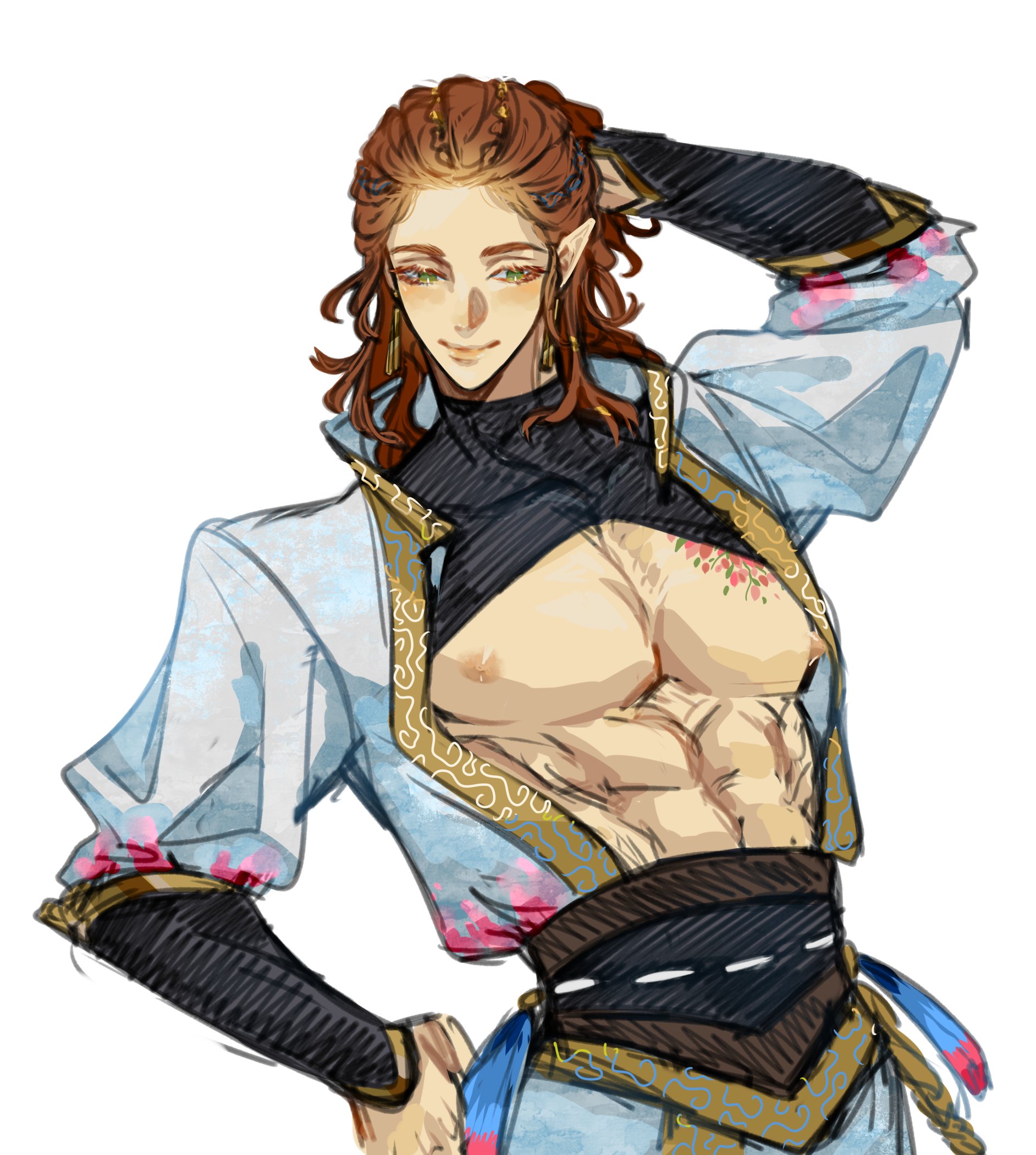 the image is a digital drawing or painting of a stylized male anime/manga character. he has long brown hair, fair skin, toned musculature, and elflike pointed ears. he is dressed in a partially open, light blue and white outfit that appears to be inspired by traditional asian clothing; gold decorative elements and floral motifs accent the garment.  a dark colored undershirt/top is visible beneath the unbuttoned shirt, and the character displays some tattoos on his chest. the pose is confident and selfassured; his expression is pleasant and he has one hand in his hair.  the art style is painterly and somewhat loose, with visible brushstrokes. the background is plain white, focusing all attention on the character.