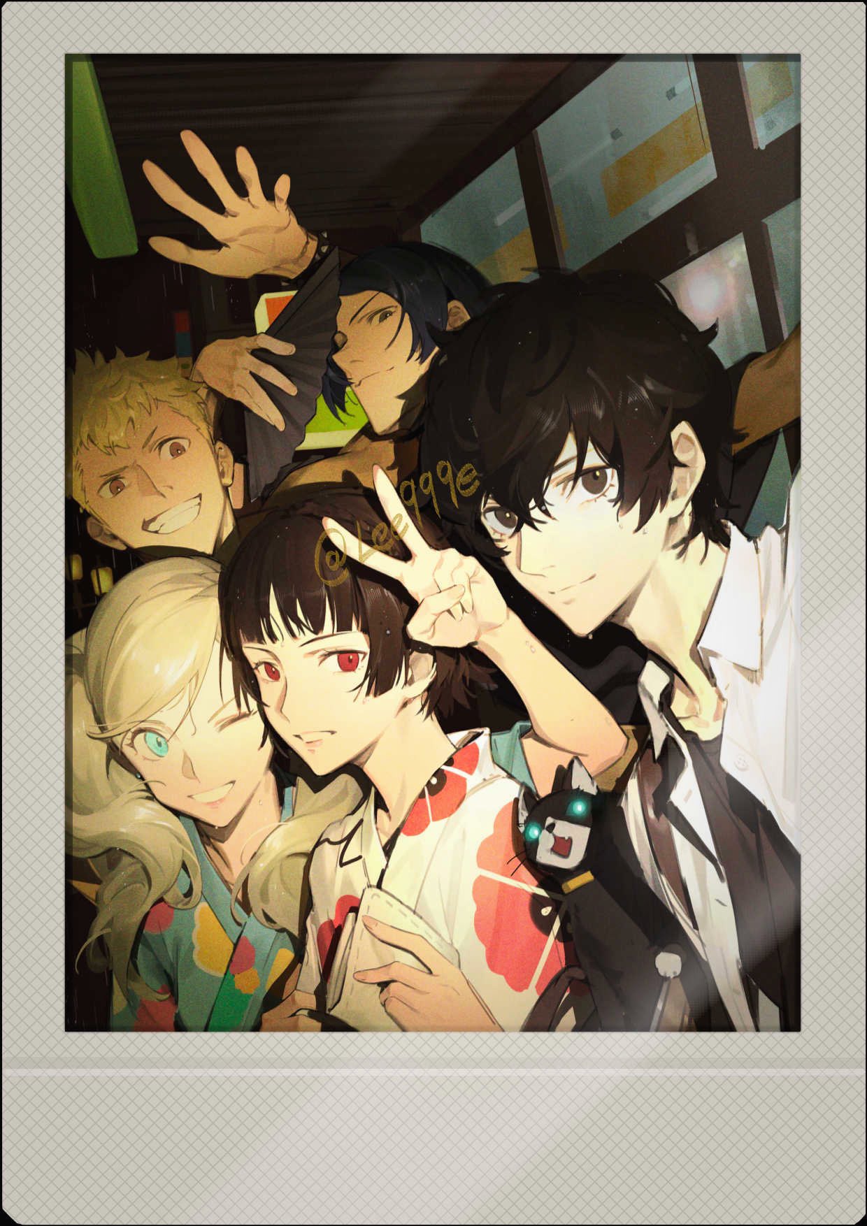 the image is a stylized portrait of the main cast of the video game persona 5, depicted as if in a polaroid photo. the group is composed of (from left to right) ryuji sakamoto, yusuke kitagawa,  the protagonist (joker), makoto niijima, and futaba sakura. all are smiling brightly and posing for the camera with various gestures. notably, futaba is holding a book and accompanied by her mascot, necronomicon. they appear to be riding a bus, as suggested by the window visible in the background. the lighting is bright, likely artificial light from within the bus.