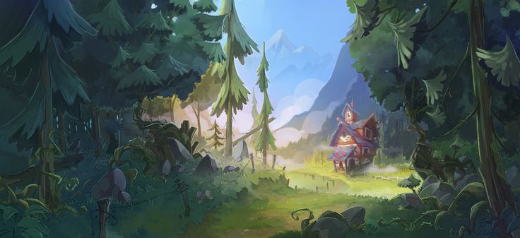 a cartoonstyle illustration depicts a cozy house nestled in a forest clearing. the house has a red and blue roof and emits a warm, inviting light. a path leads from the foreground towards the house, lined with greenery and rocks. towering trees surround the clearing, and distant mountains provide a scenic backdrop. a fence partially encloses the area around the house. the overall atmosphere is peaceful and rural.