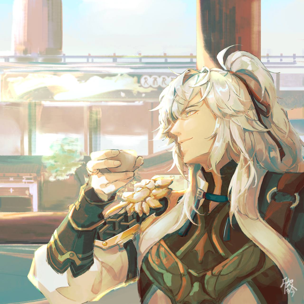 this is a digital illustration of an anime male character with long white hair, wearing armor and a gold and green outfit. he is sitting and posing for the image. the background is a light brown.