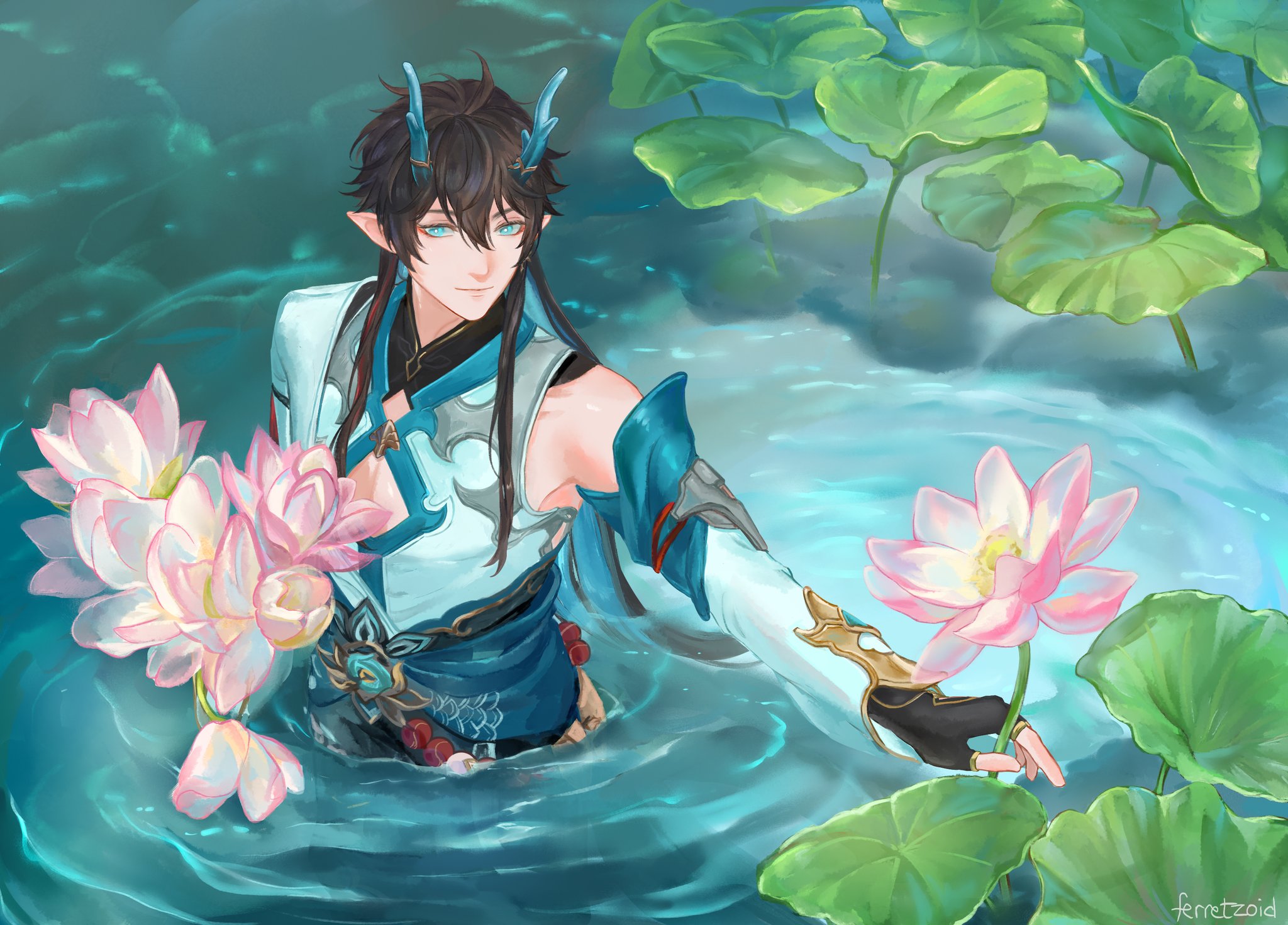 this is a digital illustration of a fantasy anime boy with blue hair and horns, he is wearing a blue and white outfit and is floating in a pond surrounded by pink lotus flowers.  he is looking at the viewer and reaching out with his left hand to touch a lotus flower. the background is a pond with lotus plants. the art style is whimsical and romantic.