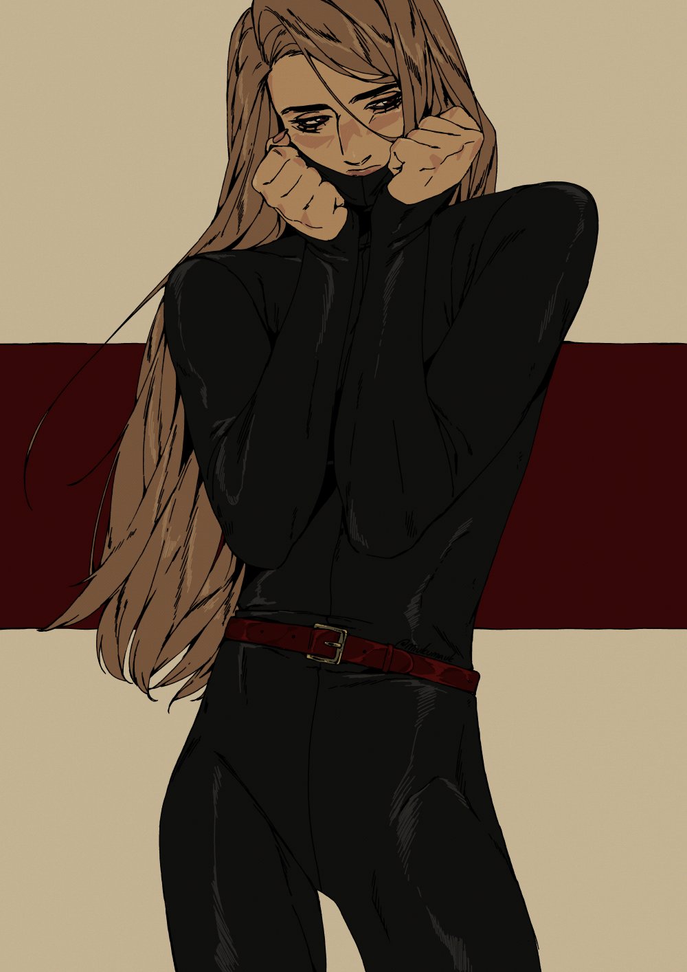 an anime girl with long brown hair, wearing a black jumpsuit with a red belt. she is standing with her arms crossed and looking down, appearing sad or thoughtful. the background is a simple brown and red color.