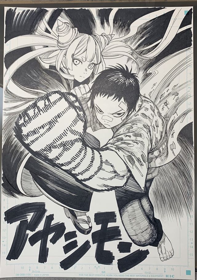 this is a manga illustration of two characters in combat. the male character is on the bottom, facing the viewer. he appears to be holding the female character in the air. he has a serious expression, and he has a scar on his face, indicating some sort of fight he's been through. the female character has long hair and horns on her head, she appears to have a more playful expression and is holding a small sword in her hand. the artwork is very detailed and expressive. there are dynamic lines used throughout the image to give it a sense of energy and motion. the background is black and white, and it has a sense of depth and realism. the image seems to be a scene from a manga about fighting. the illustration is beautifully done.
