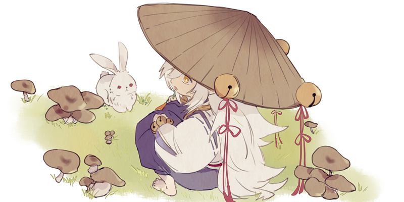 an anime girl with white hair is sitting in a field of mushrooms. she is wearing a widebrimmed hat and a white shirt.  a white rabbit sits in the background, and the whole image is very cute and pastel.