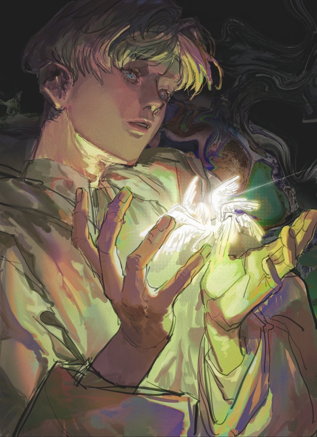 a man with blonde hair and blue eyes holds a glowing white angel with its wings spread wide in his open hands. he is looking up at the angel with a look of wonder and awe. the image is drawn in a bright and colorful anime style, with glowing lights and a dark background. the man's hands are open and cupped, as if he is holding the angel carefully. his fingers are spread out, as if he is trying to touch the angel. the image is full of wonder and magic. it suggests that the man is experiencing something extraordinary and spiritual.