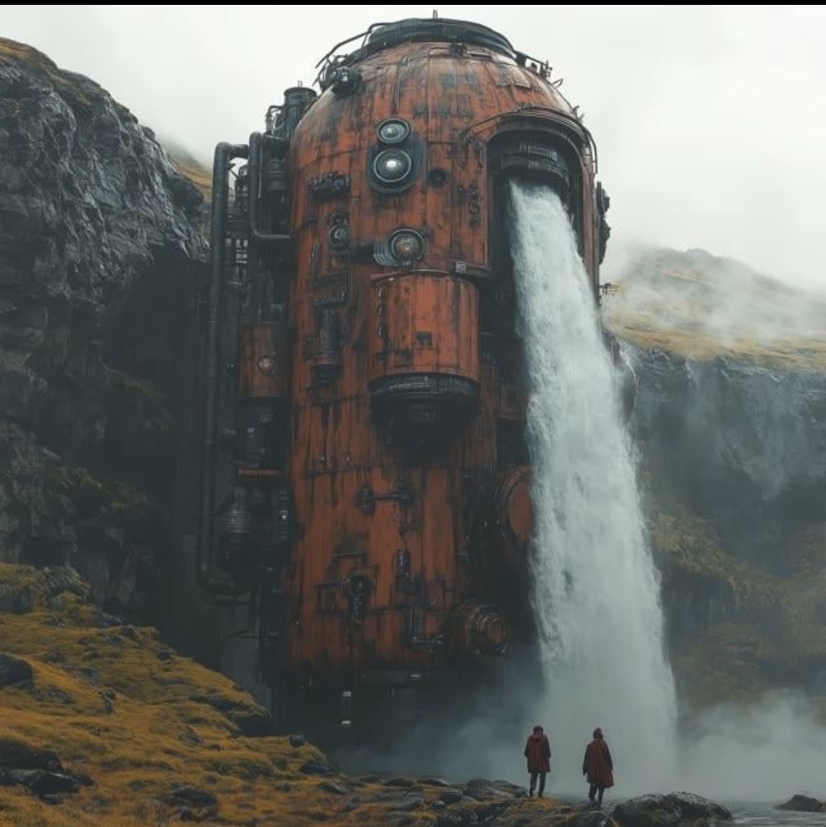 this image is a digital illustration of a futuristic steam punk machine that is built into the side of a cliff. the machine appears to be rusty red and has a waterfall flowing out of it. there is a large rock formation in the foreground and in the background, and the sky is filled with fog or mist. two figures are standing in front of the machine.