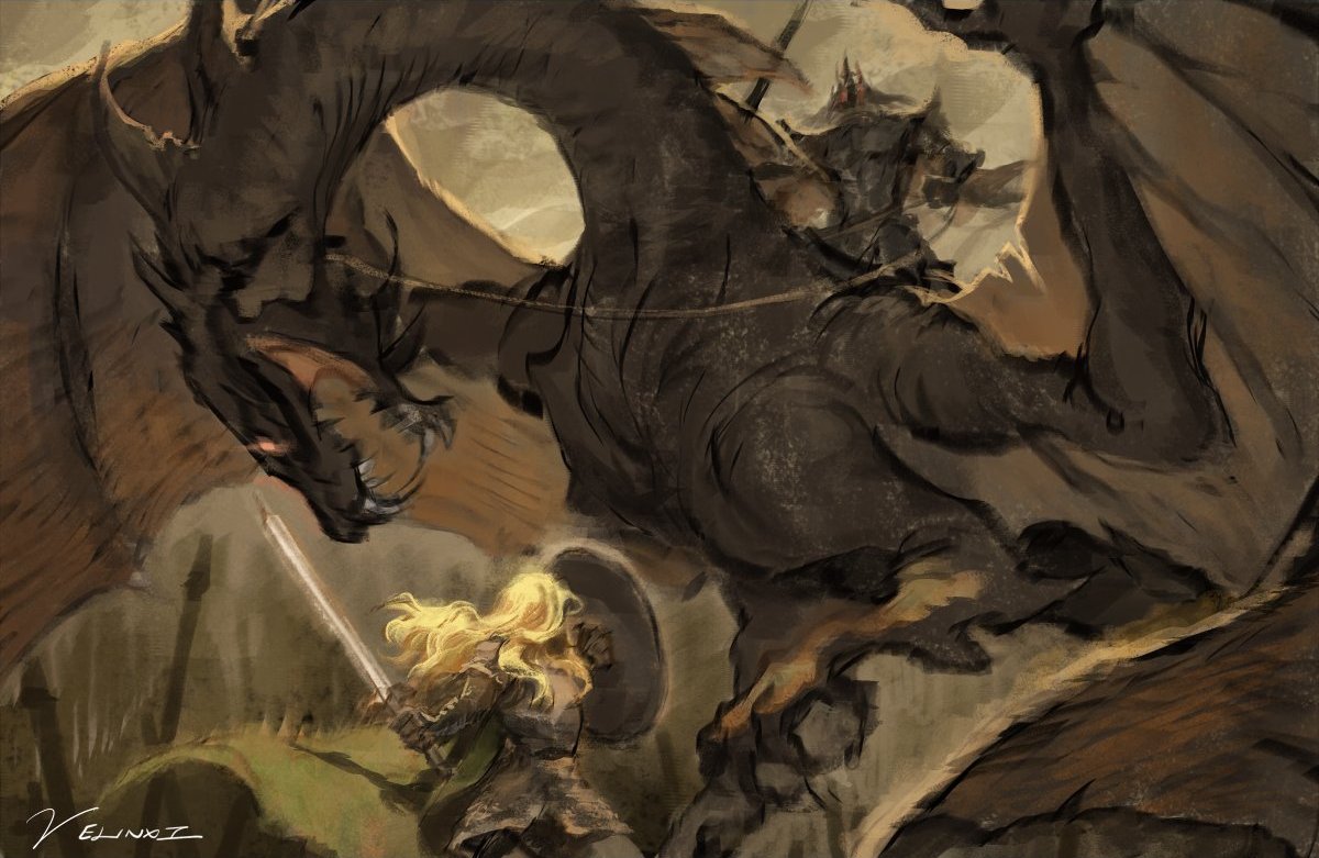 a digital painting shows a blond haired knight brandishing a sword and shield in front of a large, black dragon. a rider sits atop the dragon's back. the painting style is loose and painterly.