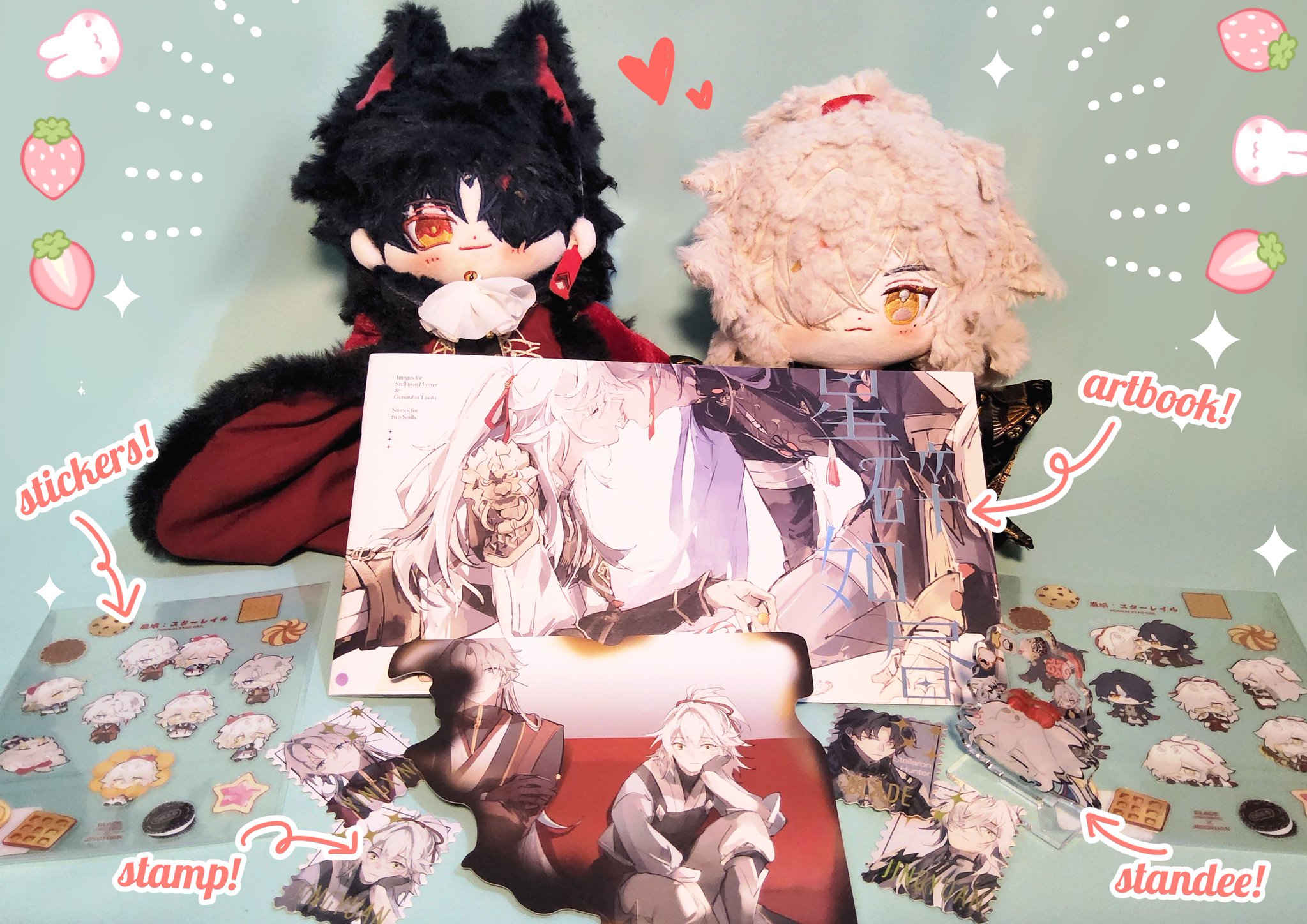 this is a picture of a collection of anime merch, centered around the artbook of a popular anime series. the artwork is based on two characters from the anime, with the artbook featuring a large image of both characters. on the left side of the artbook is a plush toy of the character wearing a red coat, and on the right side is a plush toy of the character wearing a white fur coat. the collection includes a variety of other merchandise, such as stickers, standee, and a stamp. the stickers are of the two characters, and the standee is a figure of one of the characters.  the overall image is bright and colorful, and it celebrates the love of anime and the joy of collecting merchandise from beloved shows.