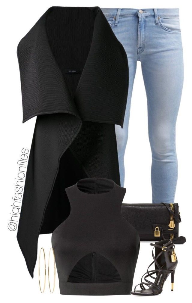 a fashion outfit that includes a black vest, a black top with a cutout design, light blue jeans, a black handbag, stiletto heels, and gold hoop earrings.