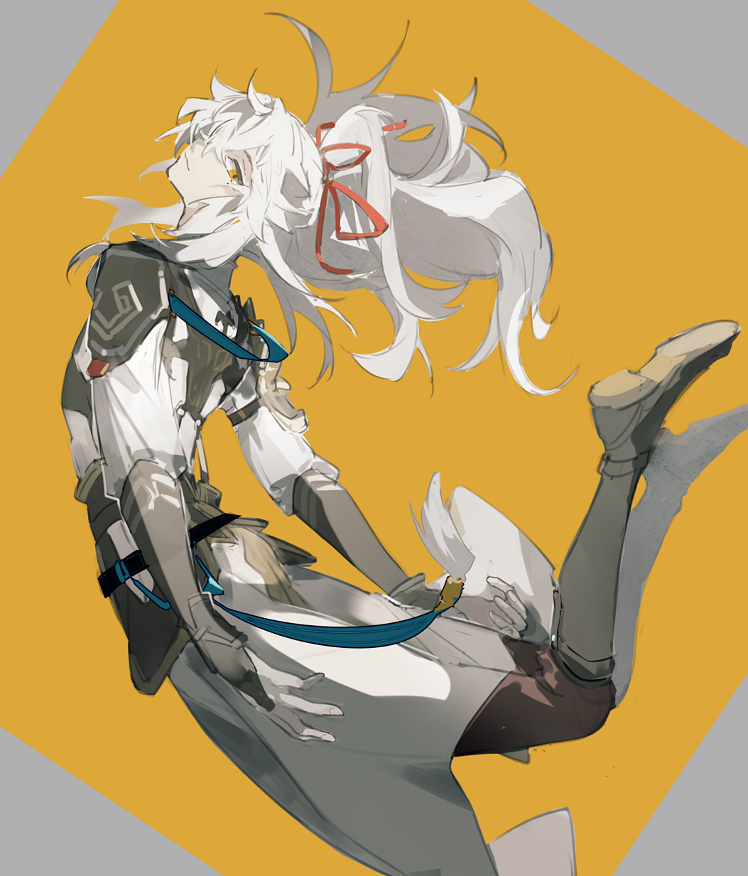 a digital illustration of an anime girl with white hair and a red ribbon in her hair. she is wearing a white and brown warrior outfit and a blue sash. she is floating in the air with her legs extended, as if she is about to leap into battle. the background is a solid yellow.