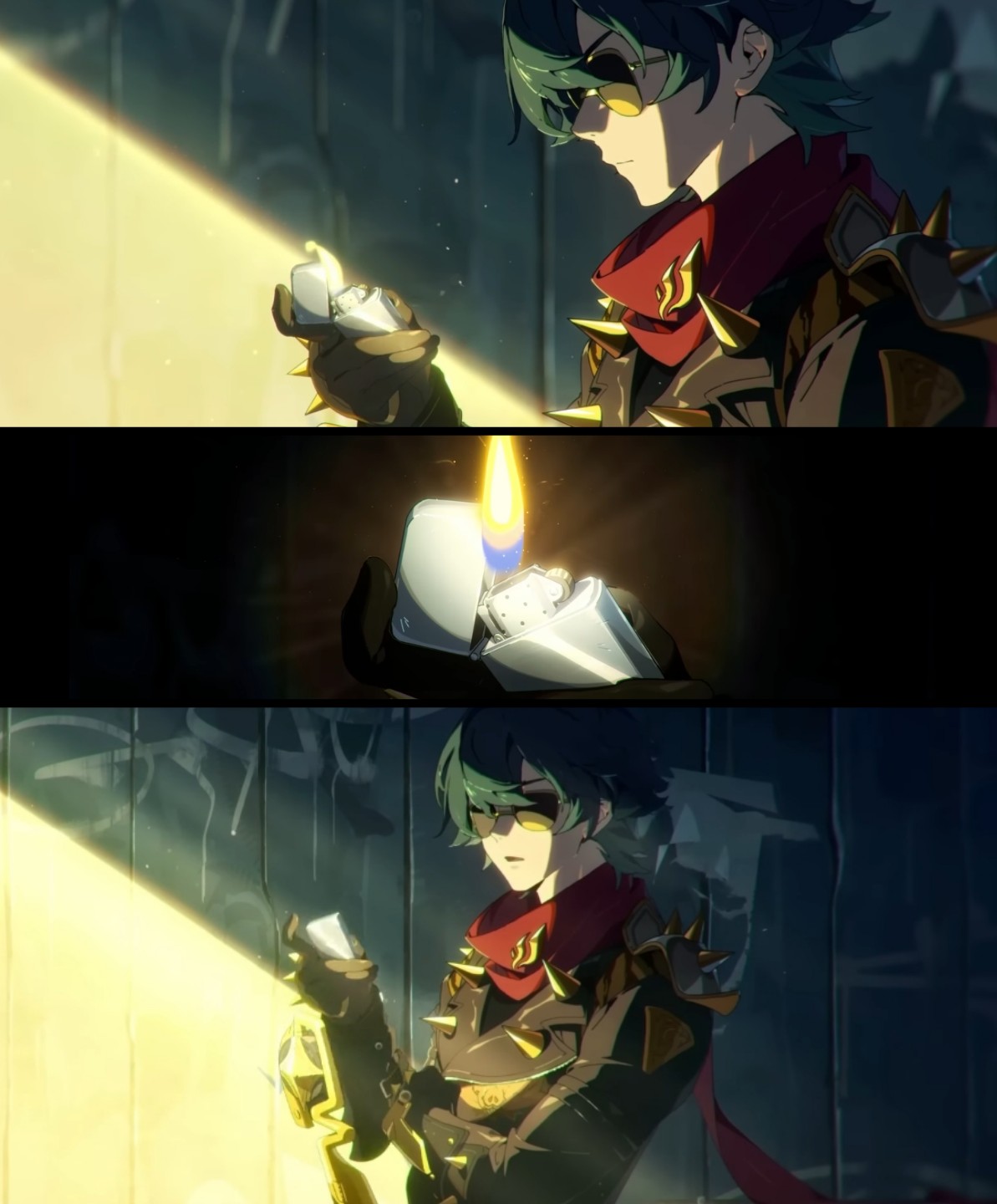the image is a triptych showcasing an animestyle male character.  the character has green hair, sunglasses, and is dressed in a dark, studded jacket with a red scarf.  he is depicted three times: once holding a lighter, the second time showing the lighter with a flame, and the third time holding an object that seems to be a weapon. the background is dark and moody, suggesting an alleyway or urban setting with visible graffiti. the lighting is dramatic, focused on the character and the lighter/weapon. the overall style is reminiscent of cyberpunk or anime with a gritty aesthetic.