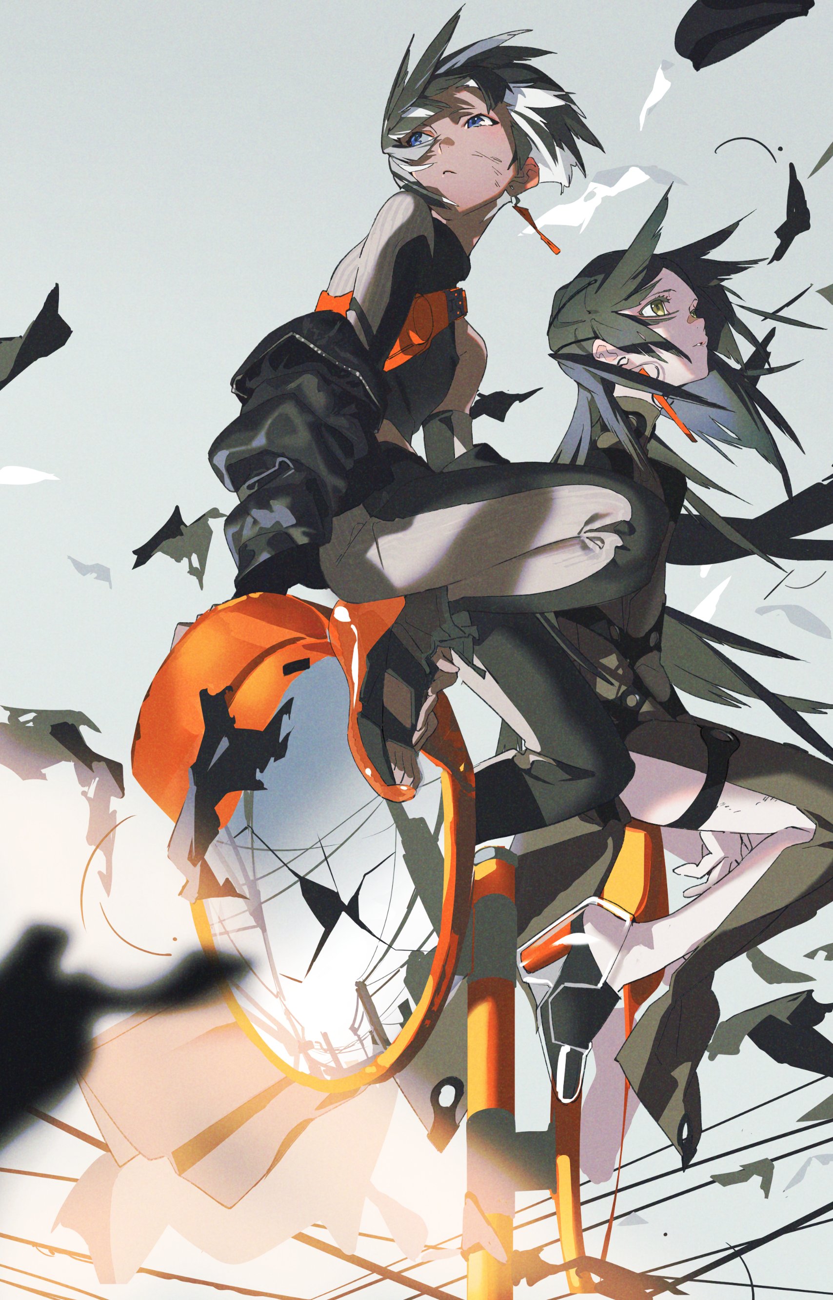 two animestyle characters are illustrated in a dynamic pose against a stylized urban backdrop. the character in the foreground wears a black and orange outfit, with one leg raised high as if about to perform a trick on a futuristic orange and white skateboard. the background character, dressed in a similar black and grey outfit, appears to be midair, their expression obscured by a mask.  the art style is edgy and modern, with sharp lines and exaggerated proportions. the overall color scheme is muted, with pops of orange and white.