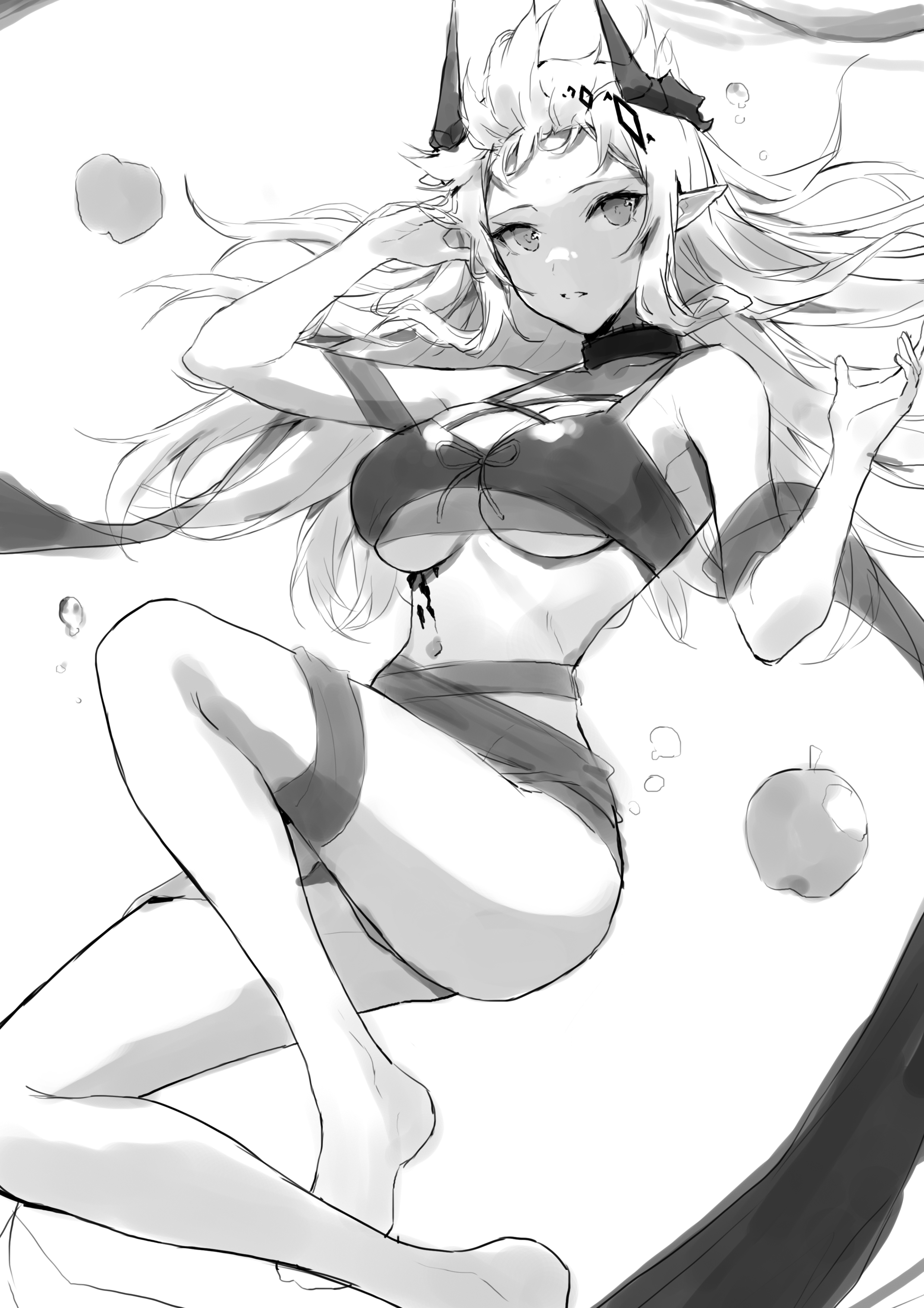 a grayscale illustration of an animestyle female demon with long white hair and horns. she is wearing a revealing bikinilike outfit and is depicted floating amidst apples. the style is ethereal and elegant, with a focus on soft lines and shading. the overall mood is sensual yet mysterious.