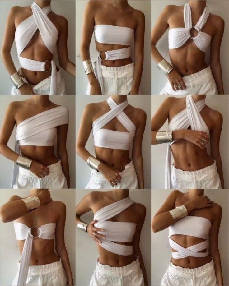 the image shows nine photos in a 3x3 grid, each featuring the same woman demonstrating different ways to style a white bandeau top. she wears the top in various ways, showcasing its versatility. she pairs the top with white shorts in all images. the background in all photos is a consistent offwhite, and the lighting is bright and even, creating a clean and minimalist aesthetic.