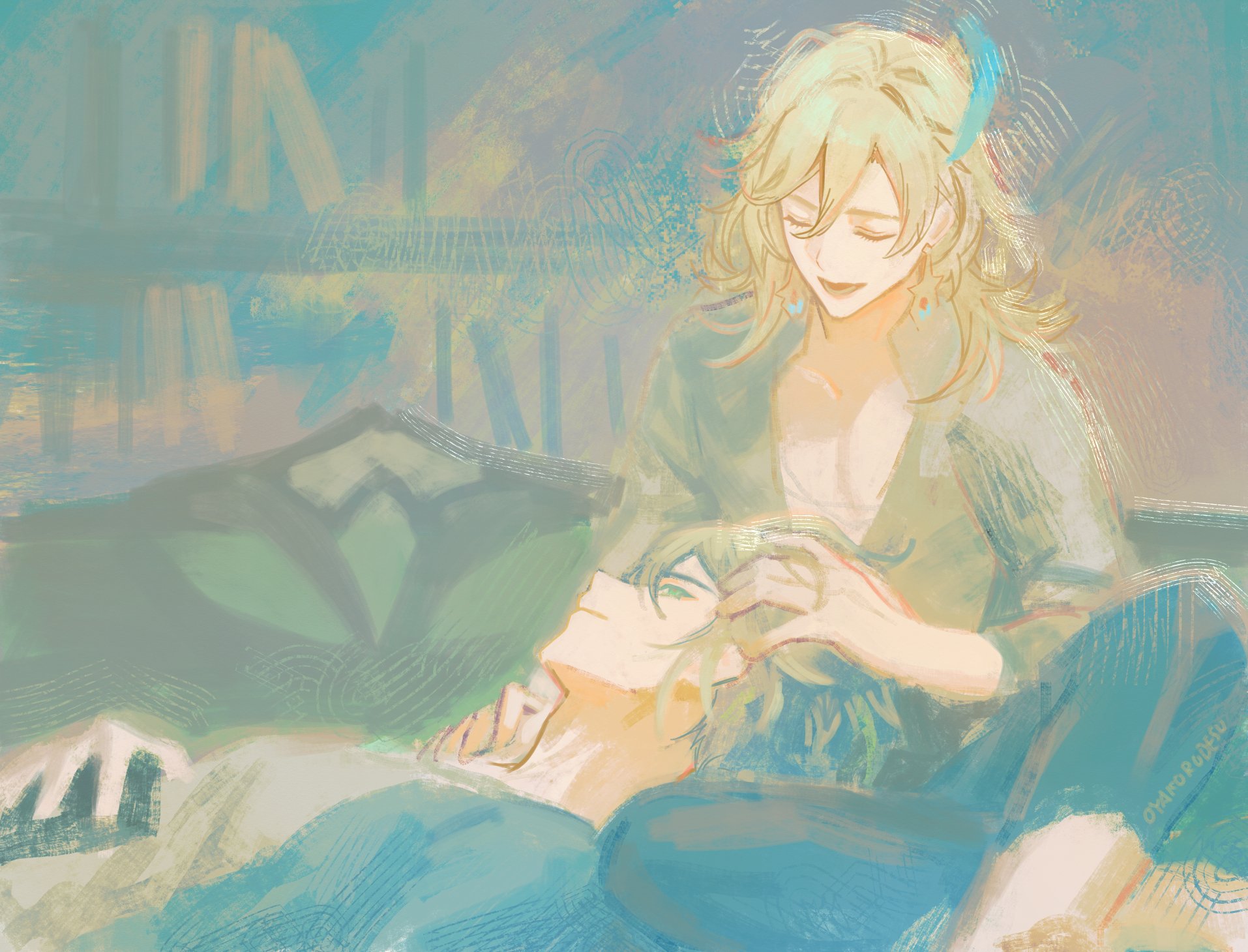 the image is an animestyle illustration of a couple. the woman has long blonde hair and is wearing a white shirt. she is sitting and looking at the man who is lying on the couch. she is gently caressing his hair. the man has dark hair and is looking up at her with a smile. the background is blurry and painted with soft, pastel colors. the overall mood of the image is soft, sweet, and romantic. the artwork is filled with pastel tones that are reminiscent of a dream, making the image dreamy and magical.