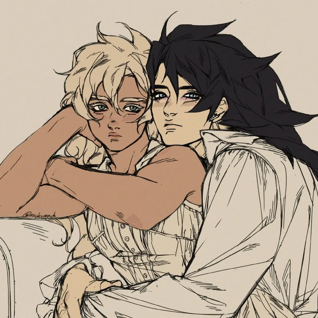 the image is a digital drawing or painting, in a style reminiscent of anime or manga, depicting a close embrace between two individuals. one appears to be a woman with light blonde hair, tan skin, and a corsetlike top, while the other is a man with dark, long hair and pale skin, wearing a loose, collared shirt. they are intimately close, the woman's head resting on the man's shoulder. the art style is characterized by soft line work, a muted color palette with shades of beige and sepia, and a slightly melancholic mood conveyed through the characters' expressions. the background is a simple, neutral tone, keeping the focus entirely on the central couple.  the overall feeling is one of tenderness and quiet affection.