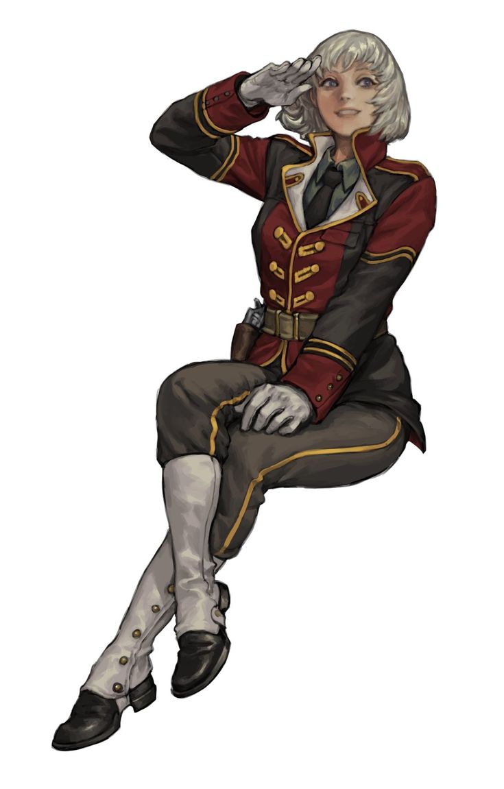the image shows a digital painting of a female soldier in a fantasy steampunk style. she has short, white hair, and is wearing a darkcolored military uniform with red accents and gold braid. she is sitting with one leg crossed over the other and her right hand is raised in a salute or a gesture of shading her eyes. she wears white gloves and high boots with spats, and a pistol is visible in her holster. the style of the art is reminiscent of anime or manga.  the background is plain white, focusing all attention on the character.
