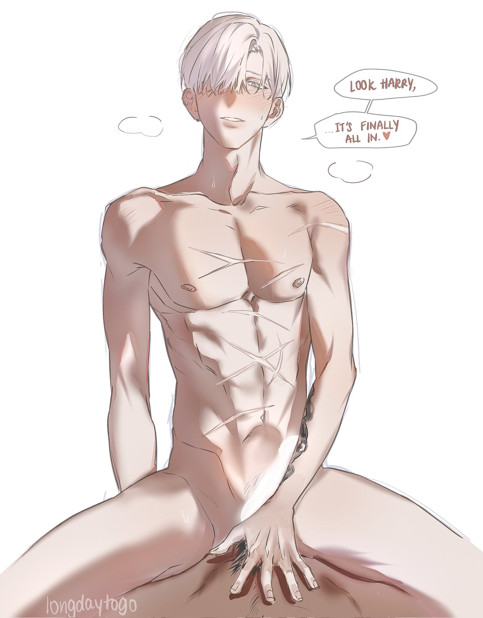 the image is a digital drawing/fanart of a young, pale animestyle man with white hair. he is sitting naked, his body slightly turned away from the viewer. his torso is visible, showcasing a lean build with subtle muscle definition and several faint scars across his abdomen. he has a gentle blush on his cheeks, and his expression is soft yet suggestive.  a speech bubble above him reads "look harry, ...it's finally all in."  the overall style is suggestive and leans towards yaoi themes. the artist's signature "longdaytogo" is present in the bottomleft corner.