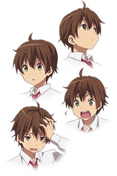 this image shows four different expressions of a young anime boy with spiky brown hair and large green eyes. he appears to be wearing a white shirt with a red collar. the different expressions range from curious to surprised. the image has a clean and simple style with soft lighting and a limited color palette.