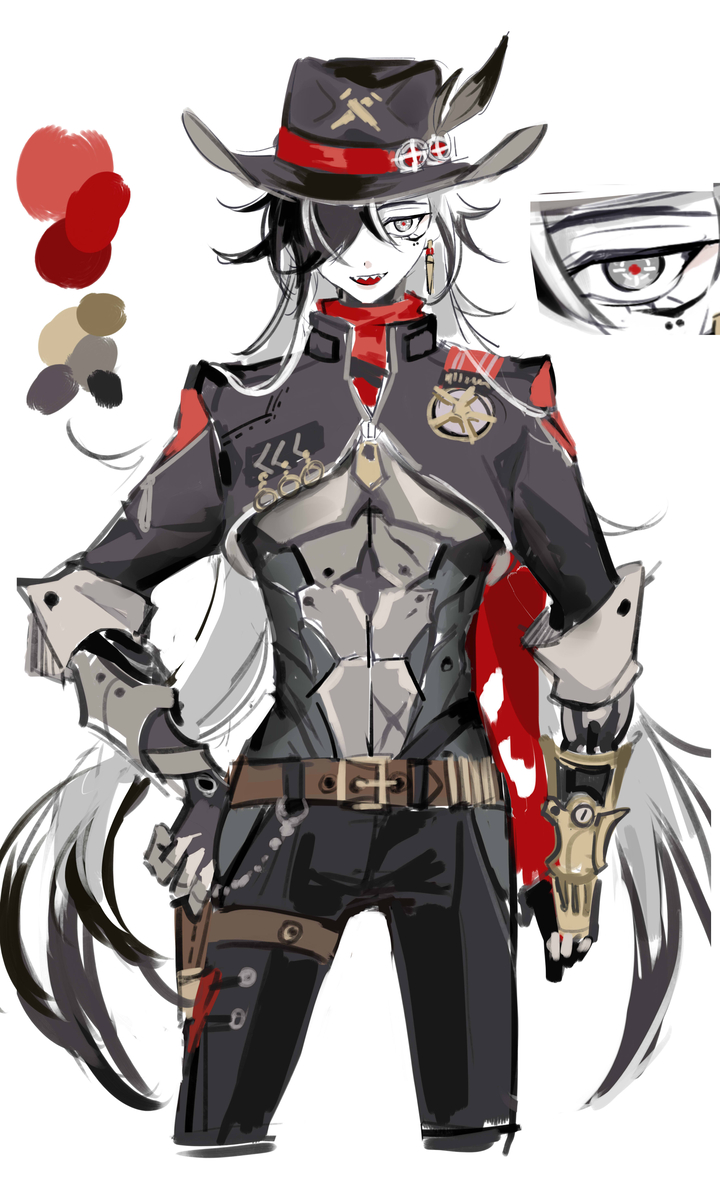 a digital illustration of an anime girl character. she's wearing a cowboy hat, a black jacket, a red scarf, and black pants. she has white hair and red eyes. she's holding a gun in her right hand and her left hand is on her hip. she's wearing grey armor over her chest.