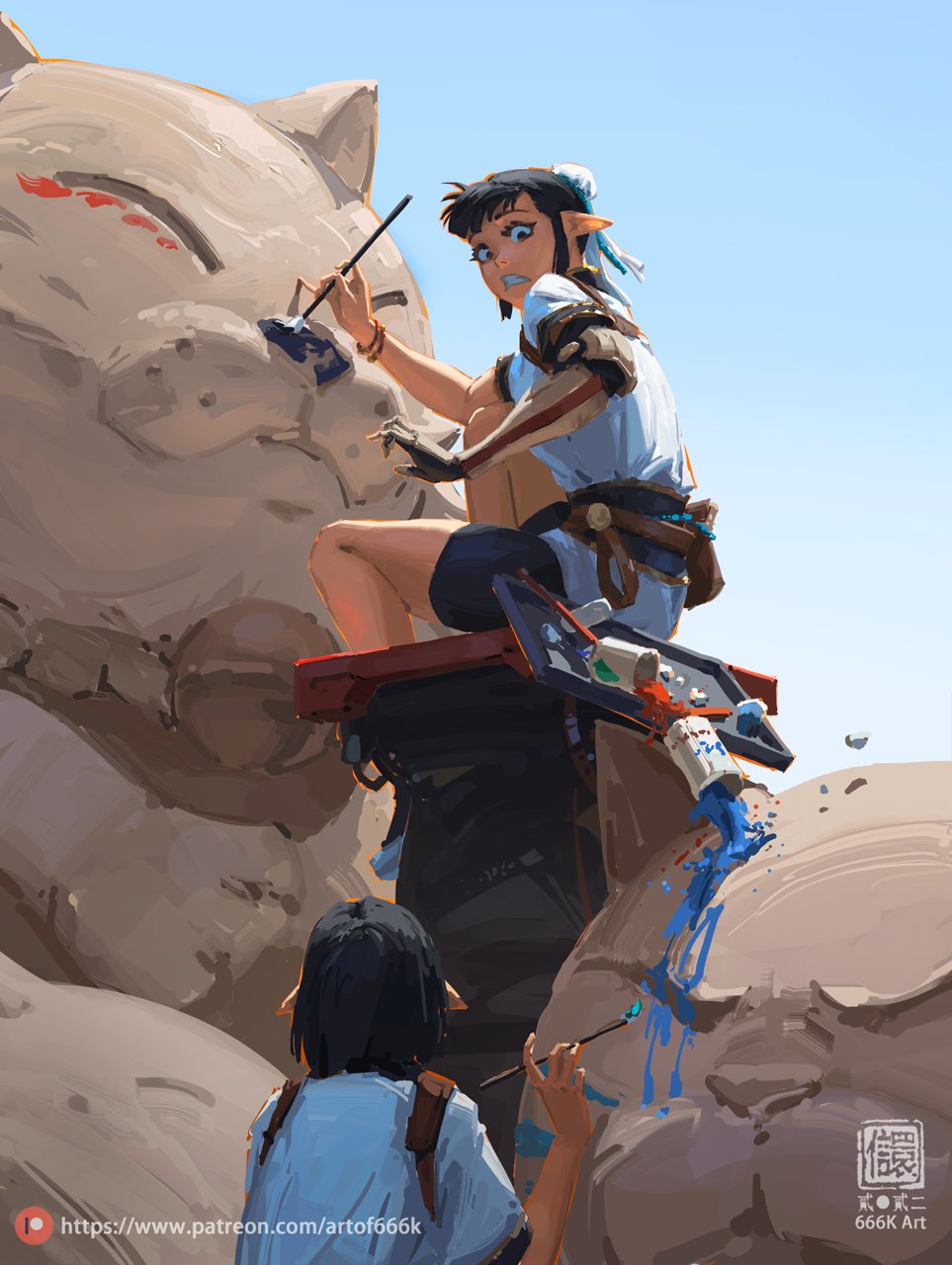 the digital painting showcases two female elflike characters working on a massive stone sculpture resembling a stylized cat. the main focus is on a young woman with blue hair, who is perched atop a platform, meticulously painting the sculpture with a brush. she wears lightcolored clothing with darker accents, suggesting a fantasy or magical setting.  another, shorter, elflike character is seen painting near the sculpture's base, also using blue paint. the scene is bathed in bright sunlight, indicating an outdoor location. the style is dynamic and painterly, with visible brushstrokes and a focus on light and color.  a patreon watermark is included.
