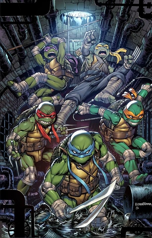 the image is a comic book cover featuring the teenage mutant ninja turtles in a dynamic action pose. they are all clad in their iconic green ninja attire, each wielding their signature weapons. the turtles are surrounded by a dark and gritty sewer environment, which enhances the sense of danger and excitement. the image is full of energy and motion, conveying the turtles' fierce determination and fighting spirit. the cover art is a stunning example of comic book illustration, capturing the essence of these beloved characters and the world they inhabit.