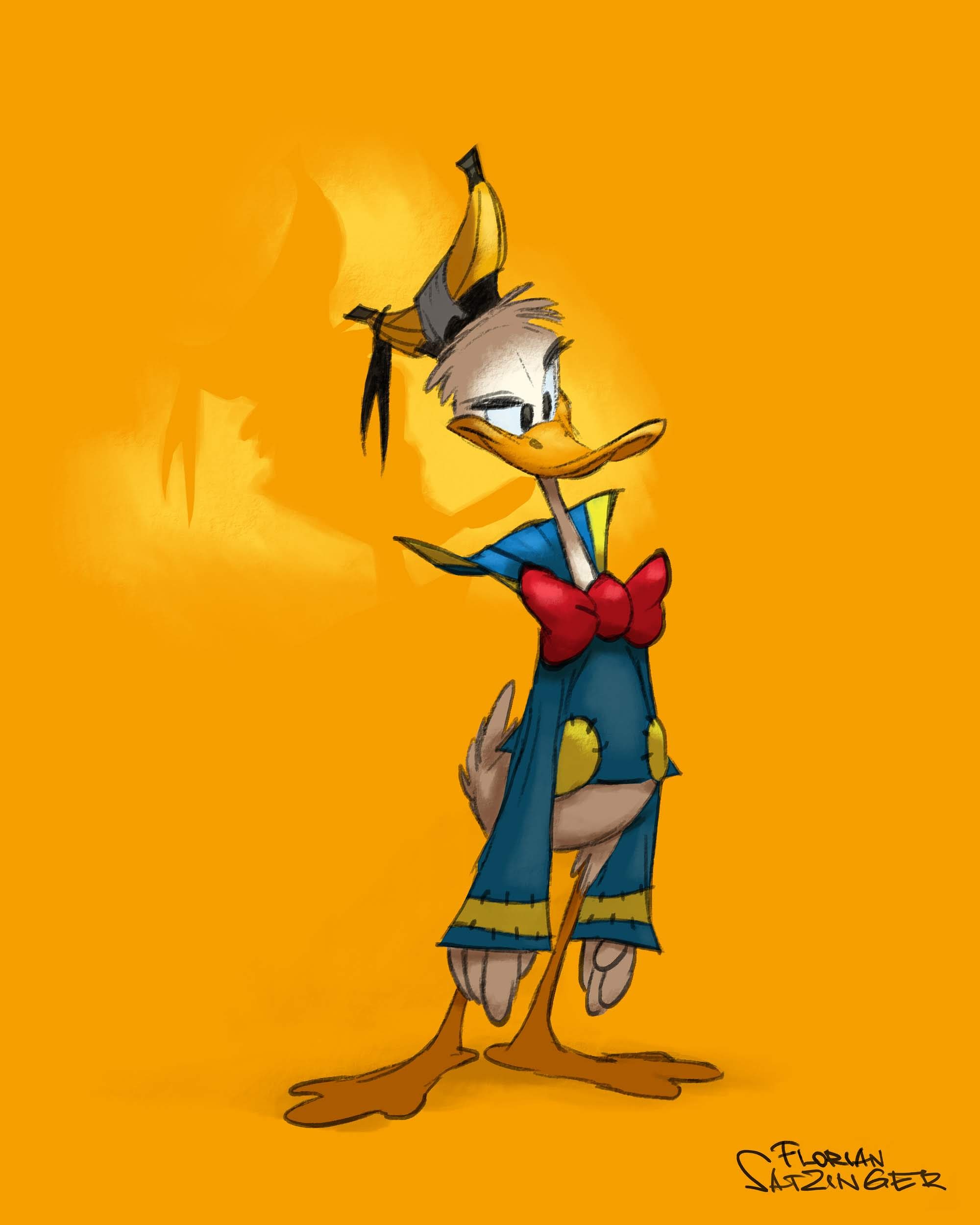 this image is an illustration of donald duck, a popular cartoon character created by disney. he's depicted wearing his classic blue suit and red bow tie. he also has a hat that looks like a banana. the background is a solid yellow color. the style of the image is illustrative, with visible line work and shading. the artist's signature, "florian satzinger," is visible in the bottom right corner.