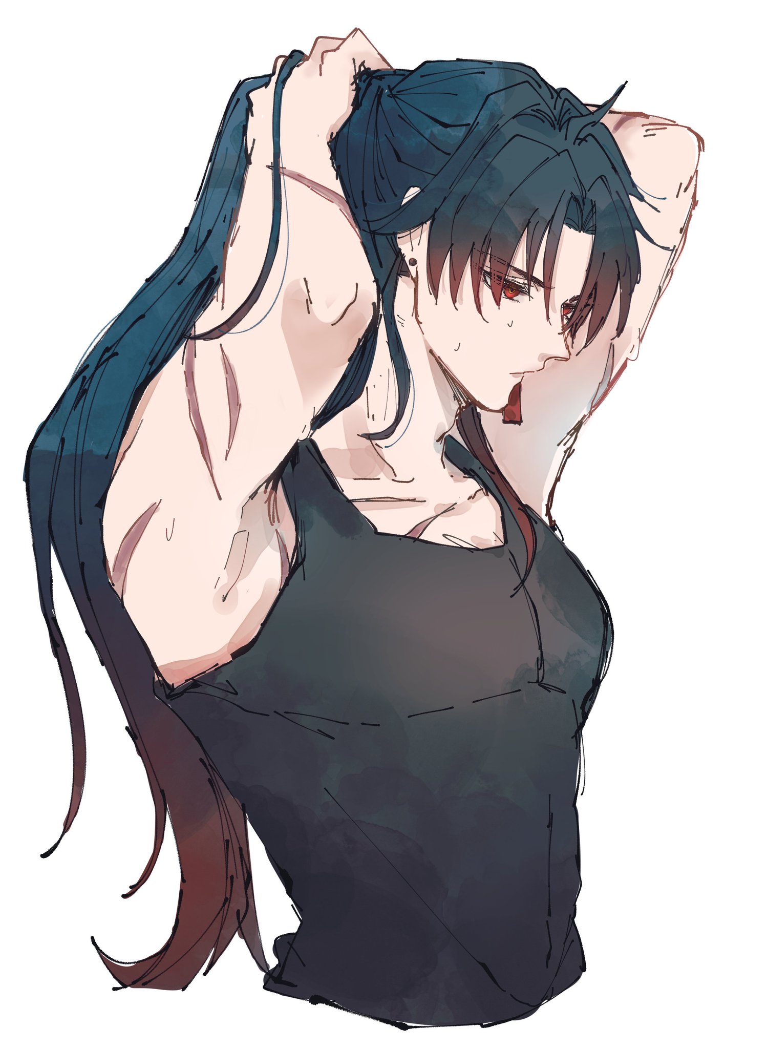 this is a digital illustration of a woman with long black hair. she is wearing a black tank top and is wiping sweat from her forehead. she looks exhausted.