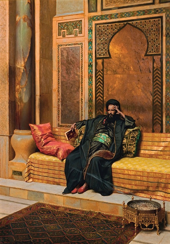 the image is a painting depicting a man in what appears to be an orientalist or ottomanera setting. the man has a long beard and is wearing a turban and a dark robe with decorative elements, sitting on an ornate couch with cushions. he holds a book in his hand and rests his head on his hand in a contemplative pose. the room is decorated with intricate architectural details, including patterned walls and archways. a patterned rug covers the floor, and a small, low table sits nearby. the painting is in a classical style with attention to detail and a rich color palette.