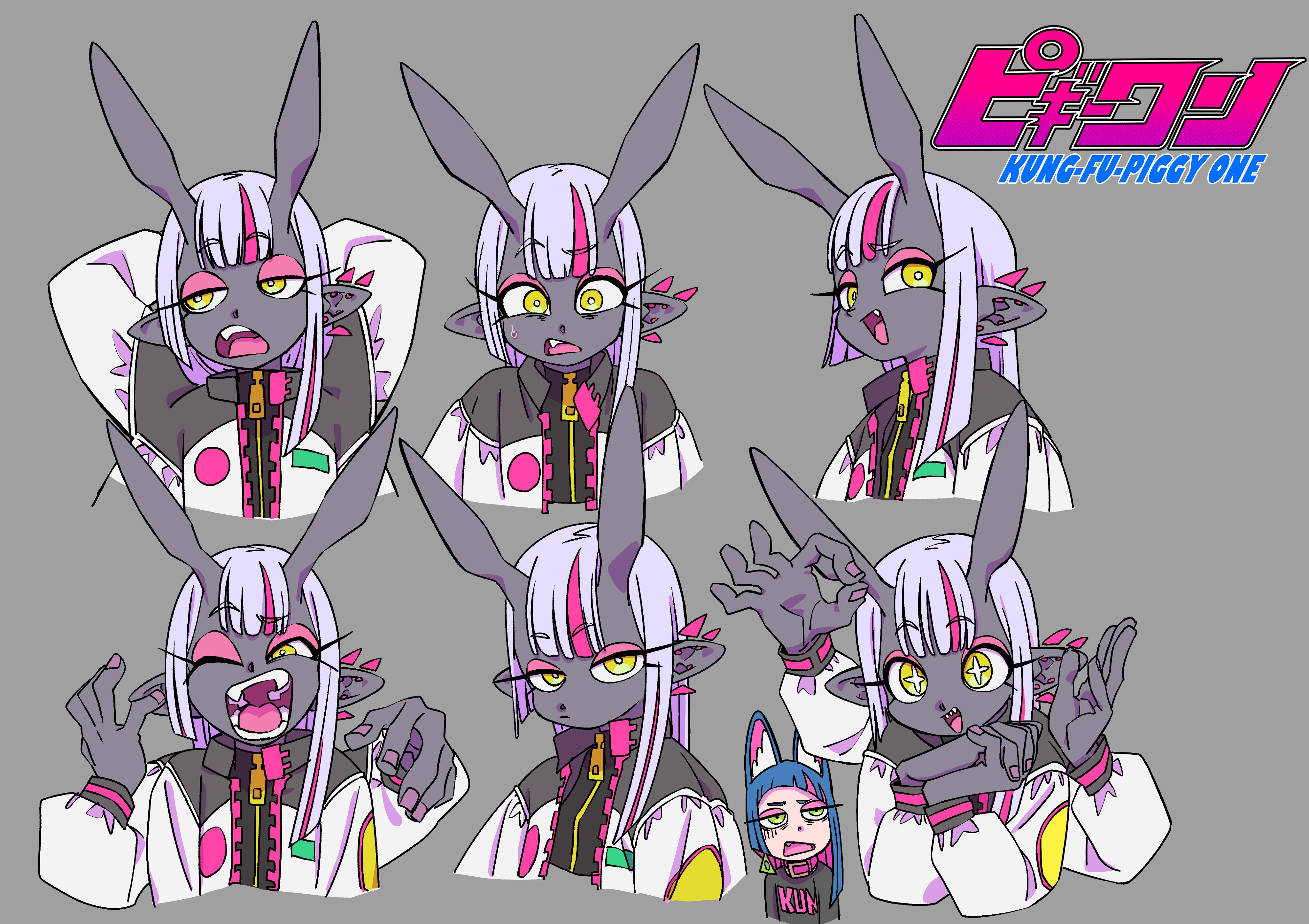 a character design sheet showcasing a variety of expressions for an animestyled bunny girl. the character has dark gray skin, long white hair with pink streaks, pointy ears,  and fangs.  she is wearing a white jacket with pink and yellow details. the drawing style is cartoonish and expressive, with exaggerated features and poses.  there is also a mini version of the character with a surprised expression.