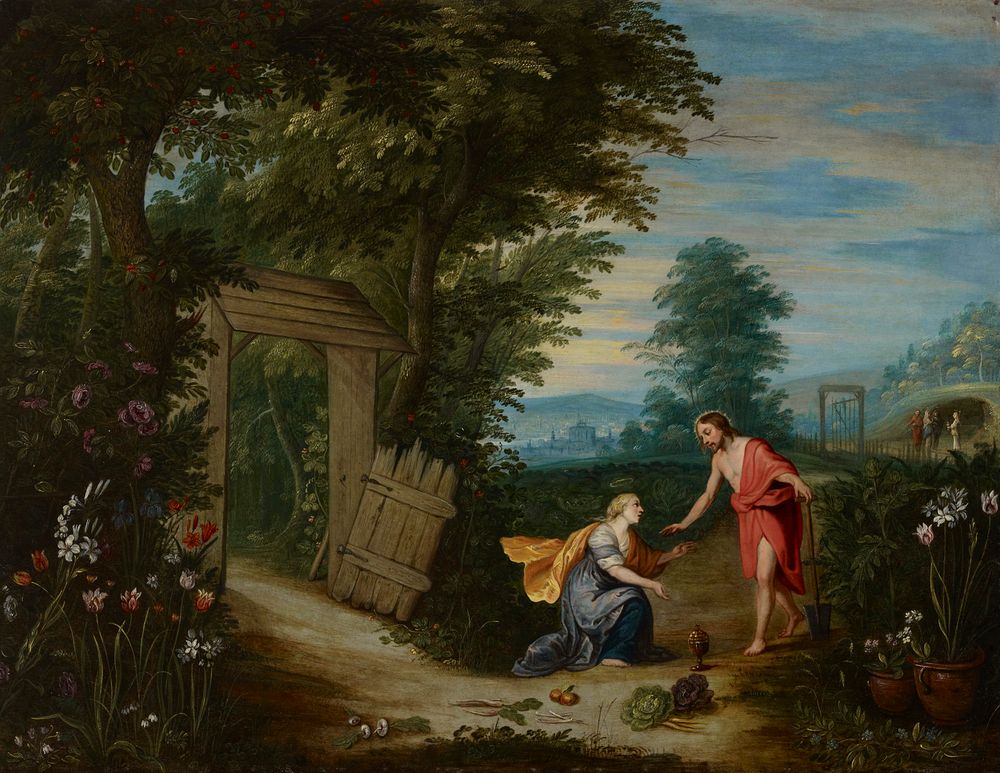 a painting depicting mary magdalene kneeling before jesus christ in a garden setting. mary is kneeling with a golden chalice beside her, and vegetables scattered on the ground. jesus stands near her, holding a shovel and extending his hand towards her. both figures have halos. the garden is lush with flowers, trees, and a gate leading to a path. in the background, there is a city skyline, hills, and a cloudy sky.